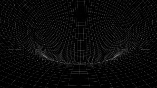 istock Futuristic black funnel. Wireframe space travel tunnel. Abstract blue wormhole with surface warp. Vector illustration. 1411777702