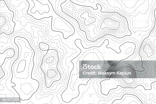 istock Retro topography map. White geographic contour map. Abstract outline grid. 1411777707