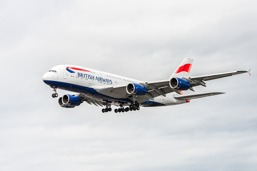 London, United Kingdom - August 22, 2016: G-XLEK British Airways Airbus a380 Landing in London Heathrow International Airport. England.