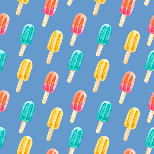 istock Watercolor background with multicolored ice cream on a stick on a blue background. Seamless pattern for bright colorful wallpaper, textiles, packaging, office and bed linen. 1411780661