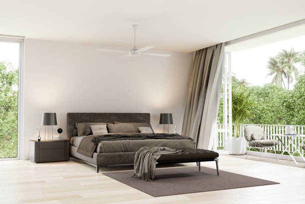 istock Modern bedroom with outdoor terrace and nature view 3d render 1411781333