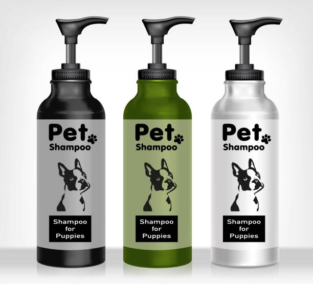 ilustraciones, imágenes clip art, dibujos animados e iconos de stock de cosmética para mascotas. champú y spray para perro y cachorro.ilustración vectorial - can label packaging blank