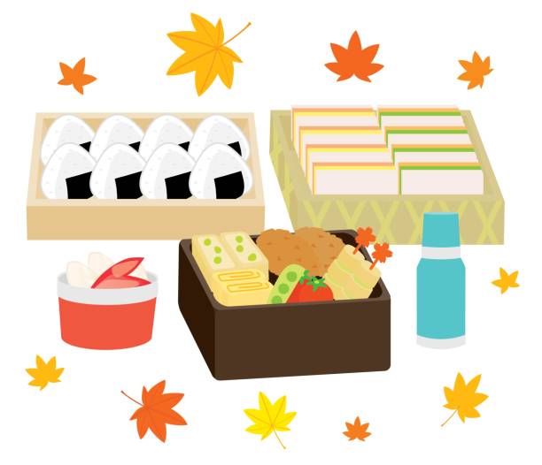 lunchbox der herbstblattbesichtigung - lunch box packed lunch apple symbol stock-grafiken, -clipart, -cartoons und -symbole