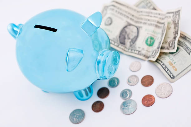 Blue Piggy Bank and Money stock photo