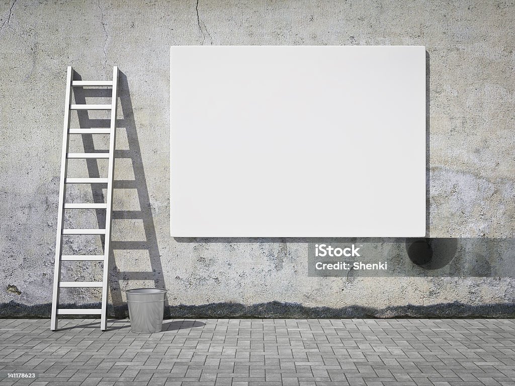 Blank advertising billboard on wall Blank street advertising billboard on dirty grunge wall Announcement Message Stock Photo