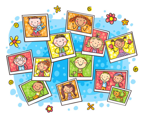 istock A pile of happy doodle kids photos, vector cartoon illustration 1411786880