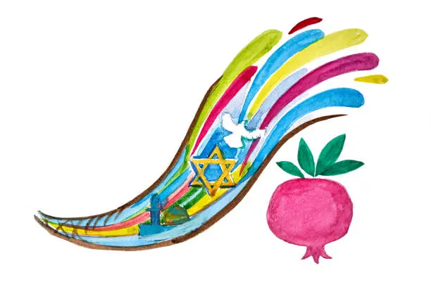 Happy Yom Kippur lettering and Rosh Hashanah symbol painted with watercolors and isolated on white