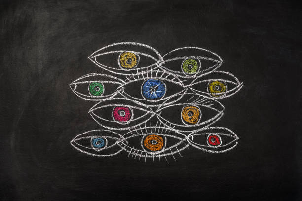 Eyes with multicolored pupils drawn on a chalk board