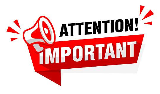 Attention, important message on red ribbon with  megaphone. Vector on transparent background