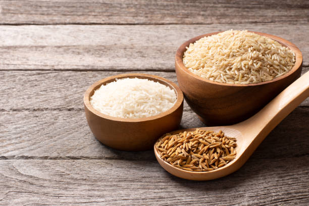 arroz con cáscara, arroz integral grueso y arroz jazmín blanco tailandés - brown rice fotos fotografías e imágenes de stock