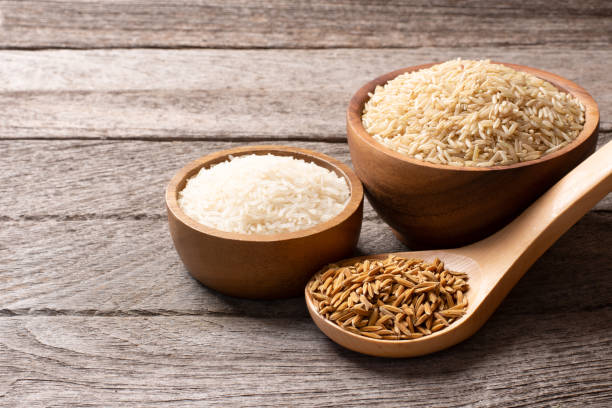 paddy rice, brown coarse rice and white thai jasmine rice