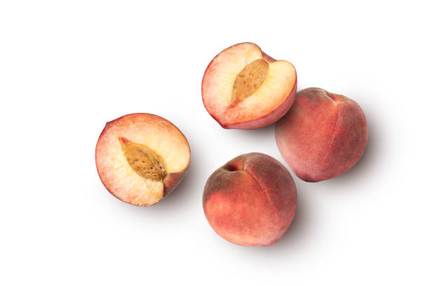 peach fruit with half slice - peach nectarine fruit portion imagens e fotografias de stock