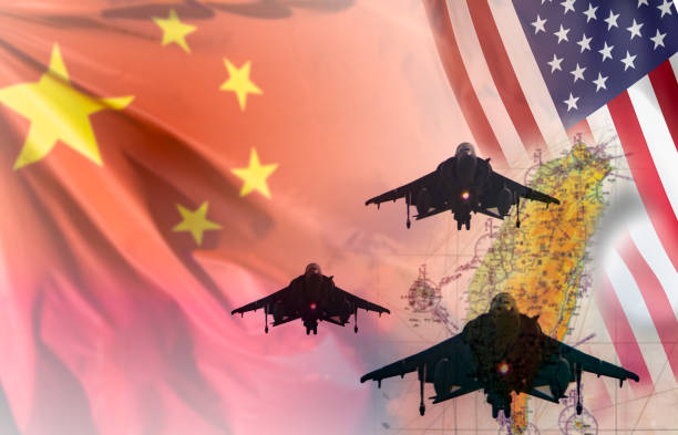 China air forces strike concept. Fighter aircraft silhouettes over a blurred map of taiwan on the background China and taiwan tensions and war concept. Fighter aircraft silhouettes over a blurred map of taiwan with Chinese and USA flags on the background. Suitable for tensions between mainland China and Taiwan and Taiwan invasion china stock pictures, royalty-free photos & images