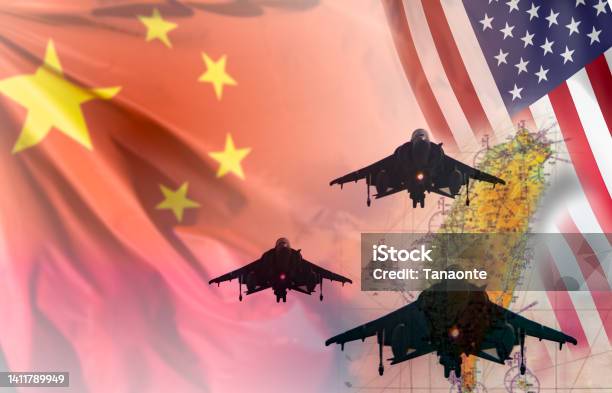 China Air Forces Strike Concept Fighter Aircraft Silhouettes Over A Blurred Map Of Taiwan On The Background Stock Photo - Download Image Now