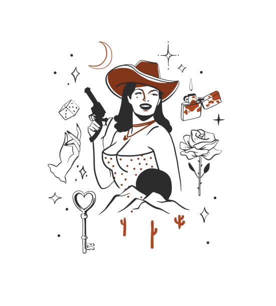 handgezeichnete abstrakte vektorgrafik clipart-illustration boho cowgirl im hutporträt. westliches weibliches designkonzept. böhmische wildwest-gegenwartskunst. cowboy mädchen moderne zeichnung. amerikanisches cowgirl-logo. - cowgirl stock-grafiken, -clipart, -cartoons und -symbole