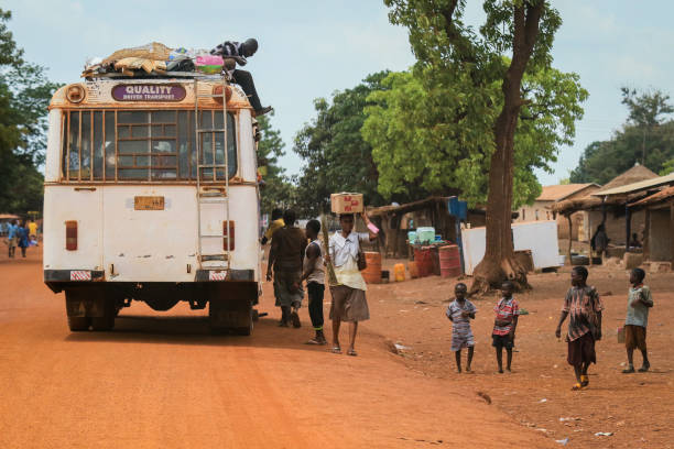 African White Public Bus on the Stop in the heart of Ghana stock photo