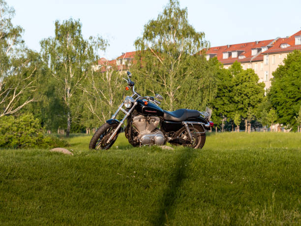 Dresden, Harley-Davidson motorcycle standing in the green nature. Parking chopper motorbike on a natural path. Side view of the black bike. American lifestyle vehicle.
