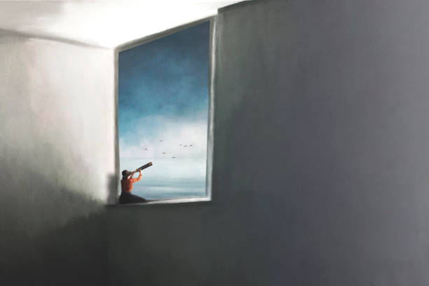 surreal illustration of a person looking out of a spyglass out the window of a house vector art illustration