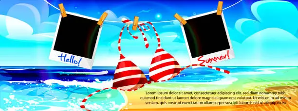 Vector illustration of The concept of sea travel and beach holidays. Hello, Summer! Sea travel and beach holiday concept in cartoon style. Bikini top with photos quickly printed on clothespins at the beach.