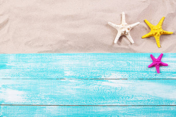 istock Summer background, summer items on the sand top view - copy space 1411797260