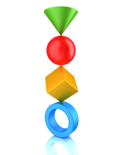 Multicolor geometric shapes balancing on top of each other. Teamwork concept. 3d render.