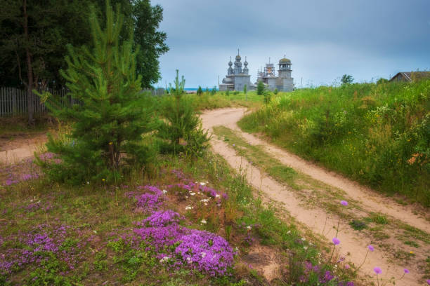 the ancient pomeranian village of vorzogory, in the arkhangelsk region, where there is a unique wooden tee. it consists of the st. nicholas church 1636 the vvedenskaya church 1793 and the bell tower xviii century - chinese temple dog imagens e fotografias de stock