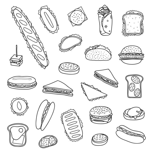 bildbanksillustrationer, clip art samt tecknat material och ikoner med set of hand drawn sandwiches and burgers. - cafe buns eating