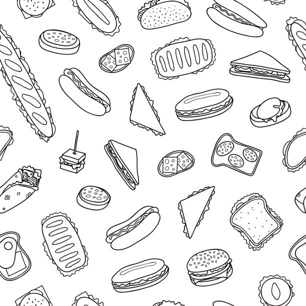 ilustrações de stock, clip art, desenhos animados e ícones de seamless pattern with sandwiches and burgers. - food meat doodle dairy product