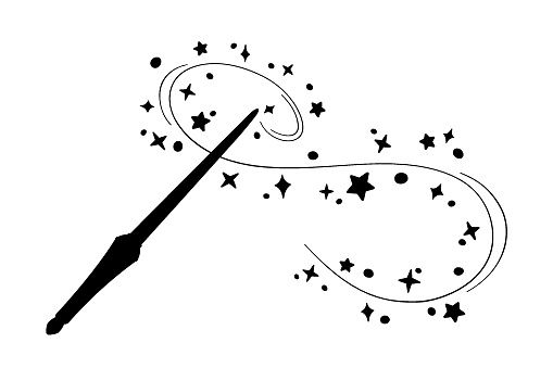 Magic wand silhouette in simple style, vector illustration. Shiny stick icon for print and design, hand drawn. Isolated elements on a white background. Magician cast spell, fairy stars and sparkles