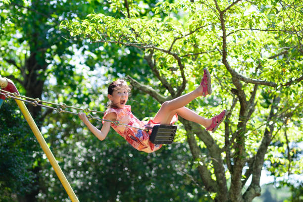 istock Girl playing on swing in summer park 1411802434