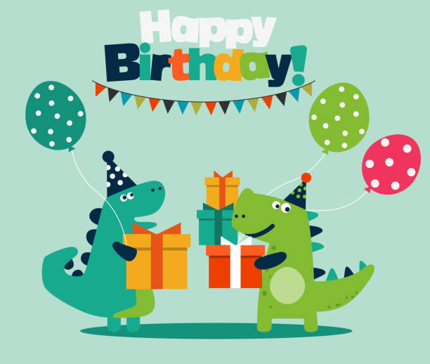 wszystkiego najlepszego - urocza karta wektorowa z zabawnymi dinozaurami. słodki tyranozaur - baby congratulating toy birthday stock illustrations