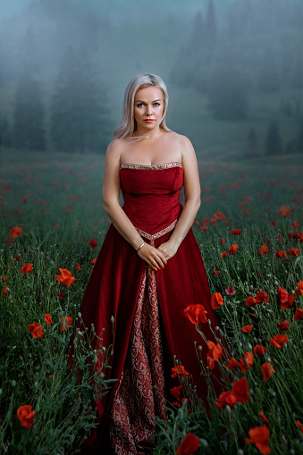 Beautiful elegant blonde fantasy queen alone wearing a luxury dress outdoors in a field of poppies on a sunny evening
