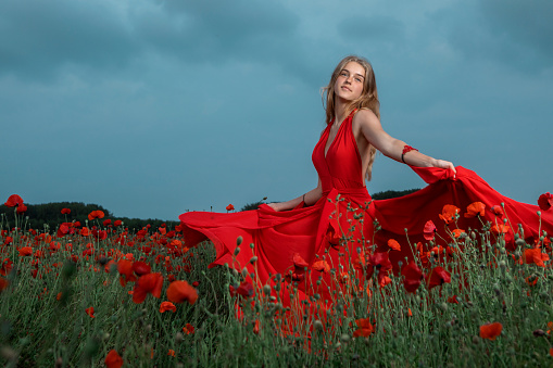 Beautiful elegant blonde fantasy teenage fantasy princess alone wearing a luxury dress outdoors in a field of poppies on a sunny evening