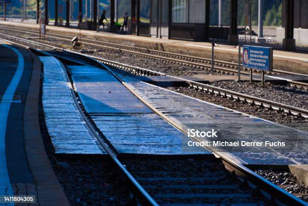 Railway Station Airolo Canton Ticino With Railway Switch And Platform On A Sunny Summer Day Stock Photo - Download Image Now