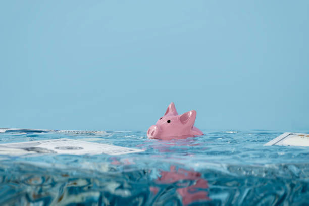 Piggy Bank Inflation or Debt Concept Debt or inflation concept of piggy bank sinking underwater with 100 dollar bills in the water. debt ceiling stock pictures, royalty-free photos & images