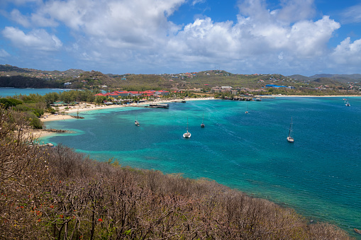 A scenic view of Rodney bay with the resort beaches.