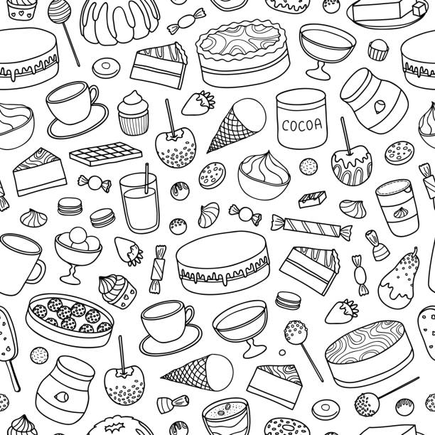 Seamless pattern with hand drawn chocolate desserts. Black and white seamless pattern with hand drawn outline chocolate and cocoa products, sweets, desserts, cakes, fruits. bundt cake stock illustrations