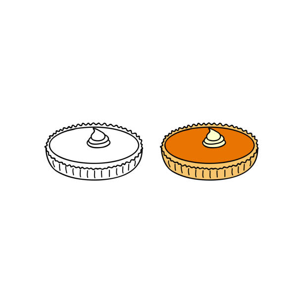 Hand drawn colored and outline pumpkin pie. Hand drawn colored and outline American pumpkin pie isolated on white background. whipped cream dollop stock illustrations
