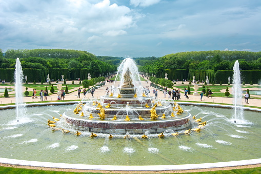 Paris, France - May 2019: Latona fountain in Versailles garden
