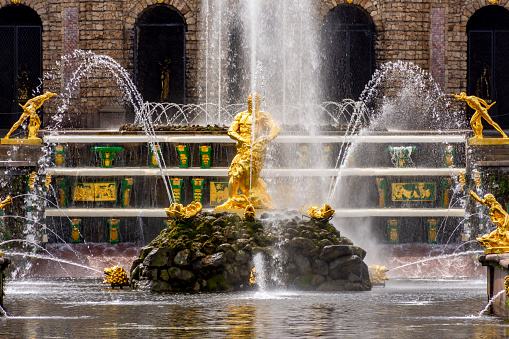 Saint Petersburg, Russia - July 2022: Samson fountain in Lower park of Peterhof