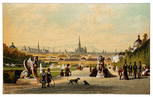 Illustration of a View of Vienna from Belvedere palace gardens, Austria Europe