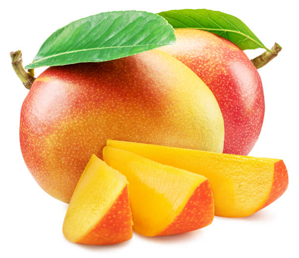 istock Mango fruits with green leaf and mango slices isolated on white background. 1411811241