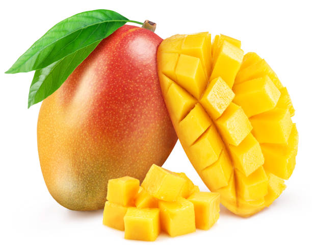 istock Mango fruits with green leaf and mango cut in hedgehog style isolated on white background. 1411811250