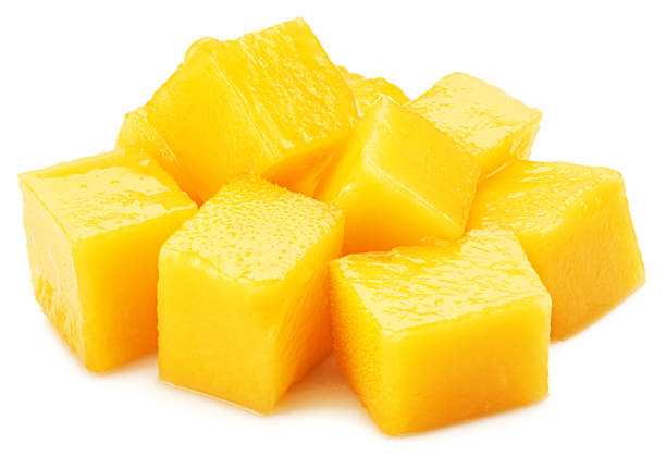 istock Juicy mango cubes isolated on white background. 1411811279