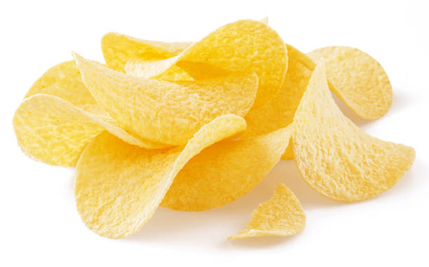 istock Delicious potato chips isolated on white background. 1411811341