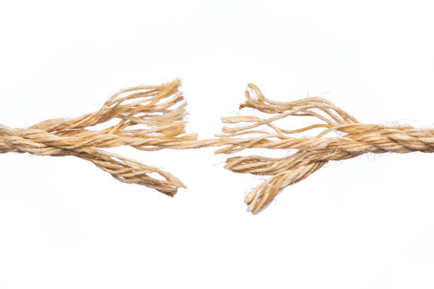 frayed rope ready to break isolated on white background - rope frayed emotional stress breaking imagens e fotografias de stock