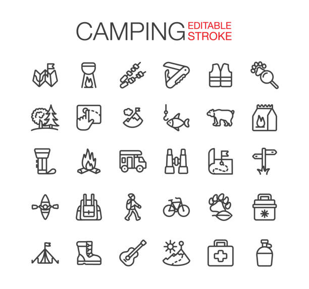 Camping Icons Set Editable Stroke Camping icons set. Editable stroke. Thin line vector icons. grill rods stock illustrations