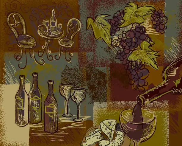 Vector illustration of Wine and grape themed elements on textured background