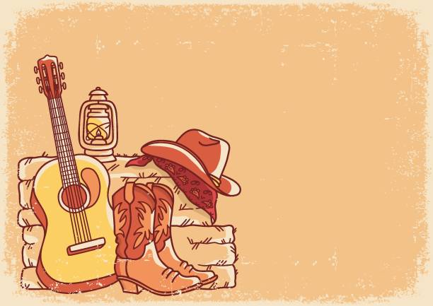 ilustrações de stock, clip art, desenhos animados e ícones de country music vintage poster background with acoustic guitar and american cowboy boots and cowboy hat on straw and hay. vector hand draw country farm illustration. - country and western music illustrations