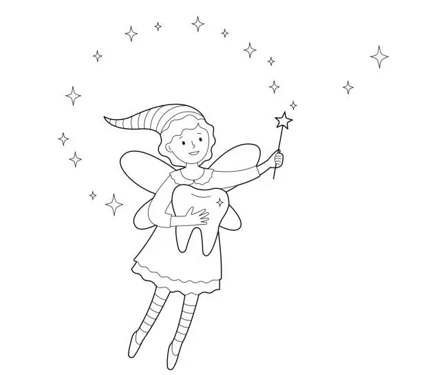 Vector illustration of Cute tooth fairy with magic wand and big tooth. Contour linear illustration. Coloring pages for kids.